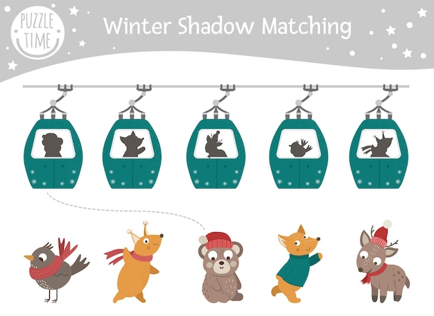 Winter shadow matching activity for children with animals in funicular cable cars.