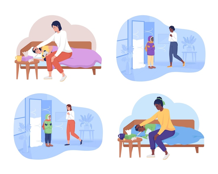 Vector winter sickness 2d vector isolated illustration set