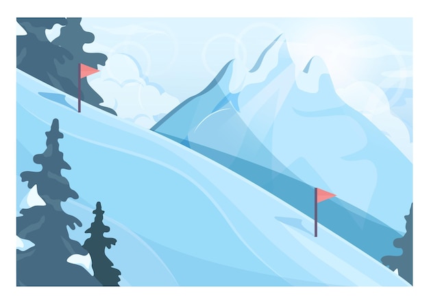 Winter ski resort landscape. ski and snowboarding paths with\
ski lift. snowy hills and forest scenery. beautiful wild nature in\
snow, december freezing weather. flat vector illustration