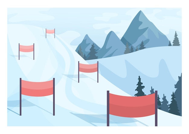 Vector winter ski resort landscape. ski and snowboarding paths with ski