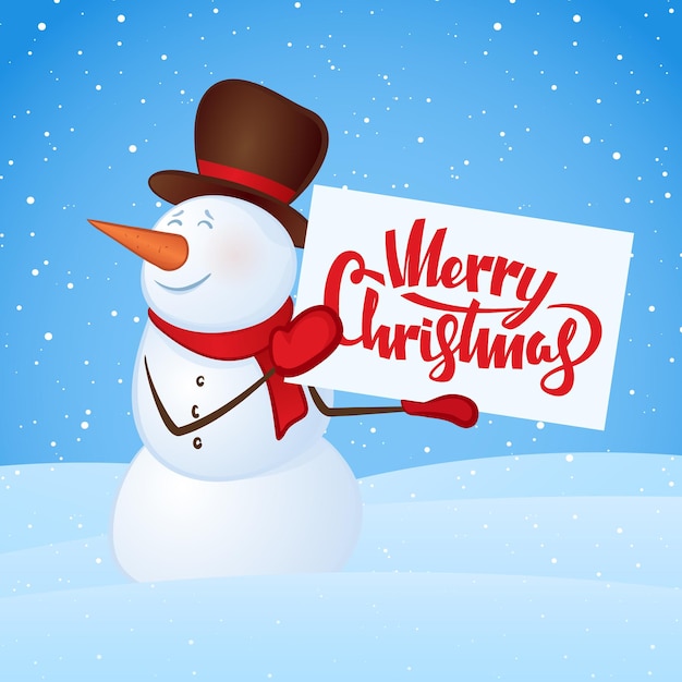 Winter smiling snowman with blank banner in hands on snowdrift background. Merry Christmas.