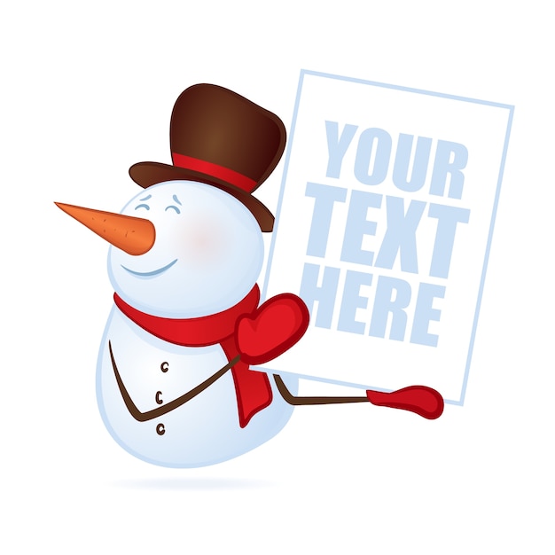 빈 배너 또는 포스터에 고립 된 흰색 배경에 손에 겨울 웃는 눈사람. 메리 크리스마스