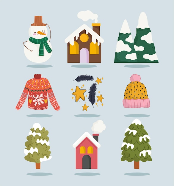 Winter sneeuwpop huis sneeuw berg boom trui pictogrammen instellen cartoon