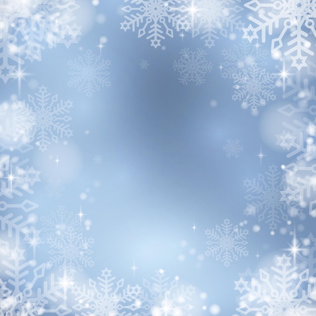Vettore sfondio di neve invernale con fiocchi di neve e scintille di neve su uno sfondo blu