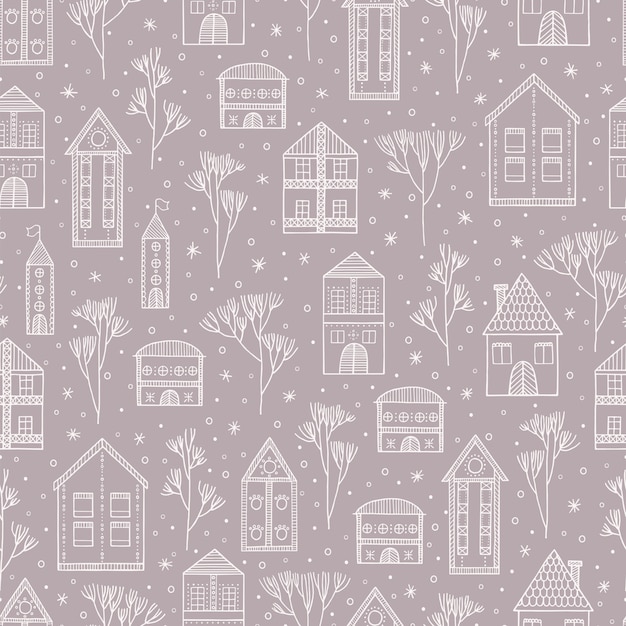 Vector winter snow cityscape seamless pattern with houses and trees.