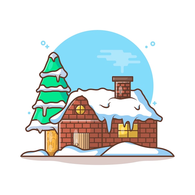 Зимний снежный дом с деревом, изолированным на белом