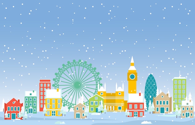 ベクトル ロンドン市の都市景観のスカイラインのランドマークの建物図の冬の雪