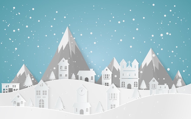 Winter snow landscape city felice anno nuovo e buon natale, arte della carta e stile artigianale.