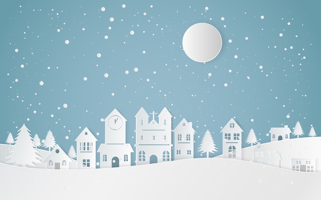 Winter snow landscape city happy new year and merry christmas,paper art and craft style.