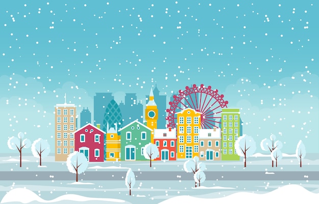 Vector winter snow in london city cityscape skyline landmark building illustration