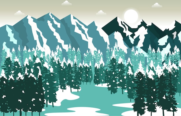 Winter Snow Mountain Peak Pine Nature Landscape Adventure Illustration