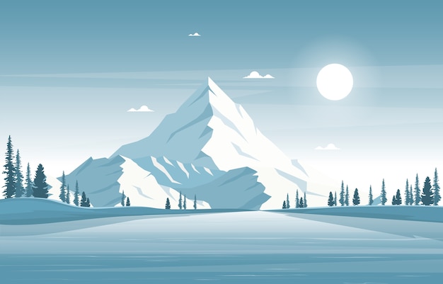 Vector winter snow pine mountain calm nature landscape illustration