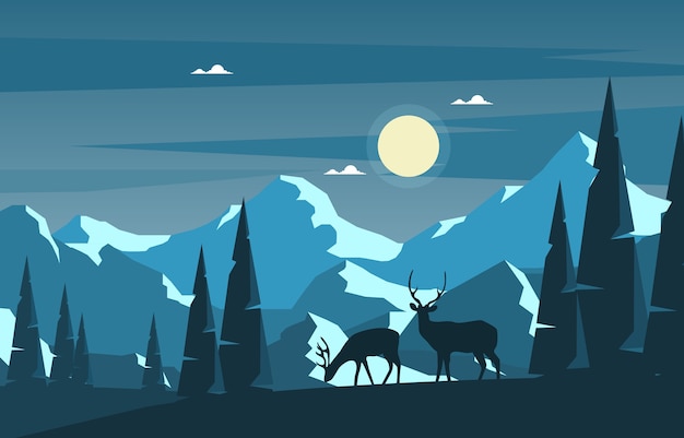 Winter snow pine mountain deer natuur landschap illustratie