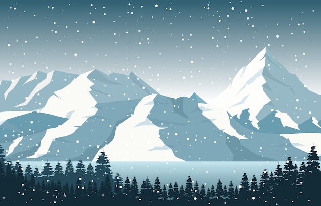 Vector winter snow pine mountain lake snowfall nature landscape illustration