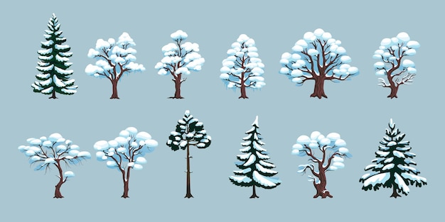 冬の雪の木のセット 森の雪の氷の植物 常緑の松と松の木と雪の木 森の白い新年 ランドスケープ アニメ クリスマス 植物学 ベクトル 凍った木 孤立した要素