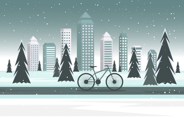 Winter Snow Tree Snowfall City Bike Landscape Illustration