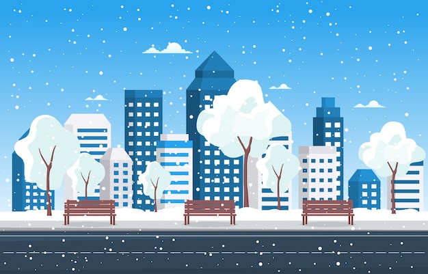 Winter Snow Tree Snowfall City Building Landscape Illustration