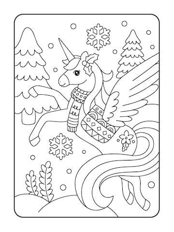 Premium Vector | Winter snow unicorn coloring page illustration