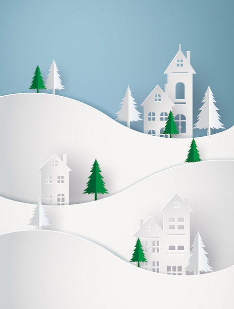 Vector winter snow urban countryside landscape city village with ful lmoon