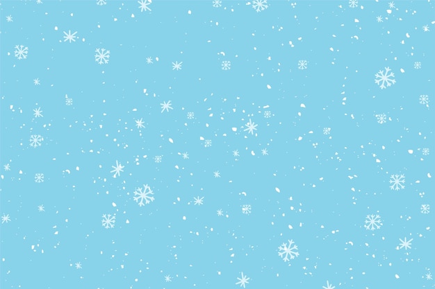 Winter snowfall and snowflakes on light blue background. Hand drawn snow pattern. Doodle cold winter sky background