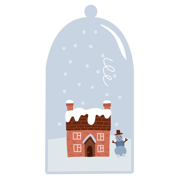 Winter snowglobe card cute glass globe with snow vector flat illustration with cozy house abs snowma...