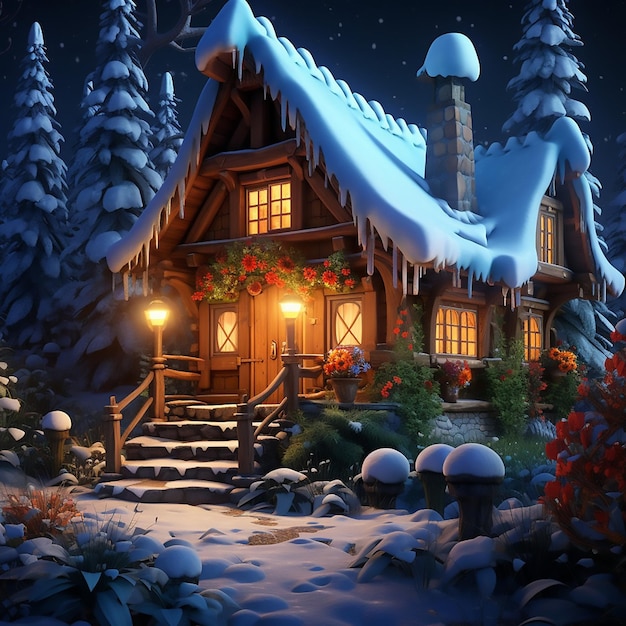 winter snowing house forest tree christmas blue nature illustration night snowdrift frost