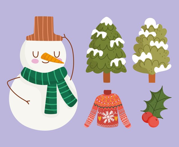 Winter snowman trees sweater and holly berry icons set cartoon 