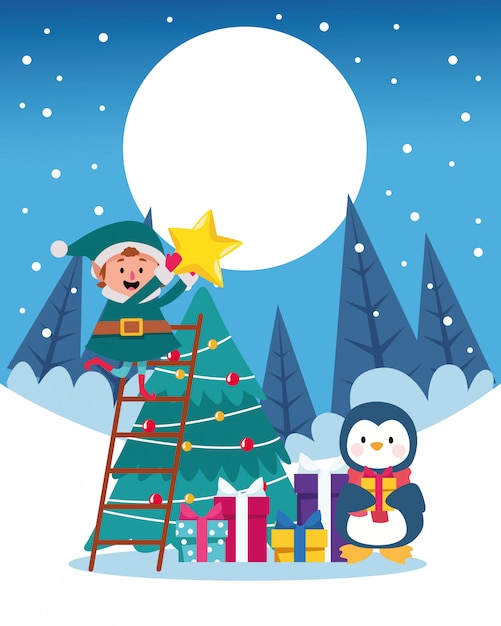 winter snowscape christmas scene with tree and penguin illustration