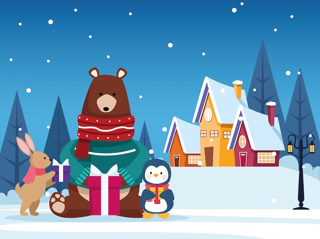 winter snowscape kerst scène met beer grizzly illustratie