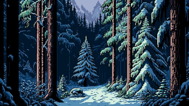 AI で冬の雪に覆われた森の風景ゲーム シーンのベクトルの背景用に 8 ビット ピクセルを生成しました。雪の中の松の木や山々。漫画の道路パスのある冬の森や公園。ゲーム レベル用の 8 ビット ピクセル