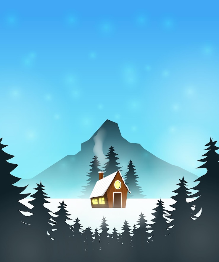 Vector winter snowy house with mountains background wallpaper