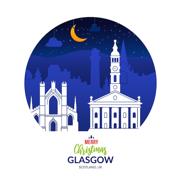 Winter snowy label with Christmas holiday Glasgow city, The United Kingdom