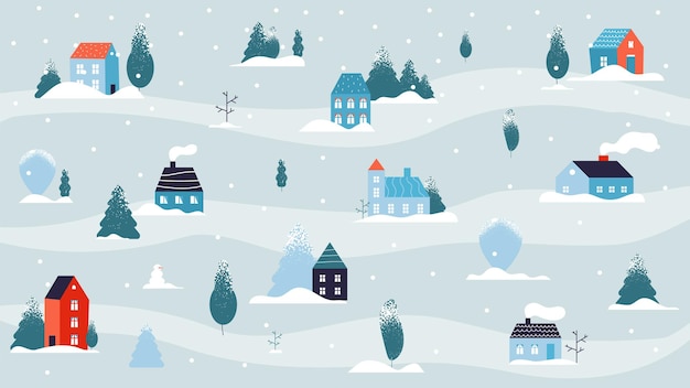 Winter snowy landscape. house minimal background, country or\
cute village in forest. flat street cold weather and snow.\
minimalism rural small buildings, neighborhood vector\
illustration