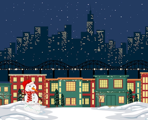 Vector winter snowy night small town background