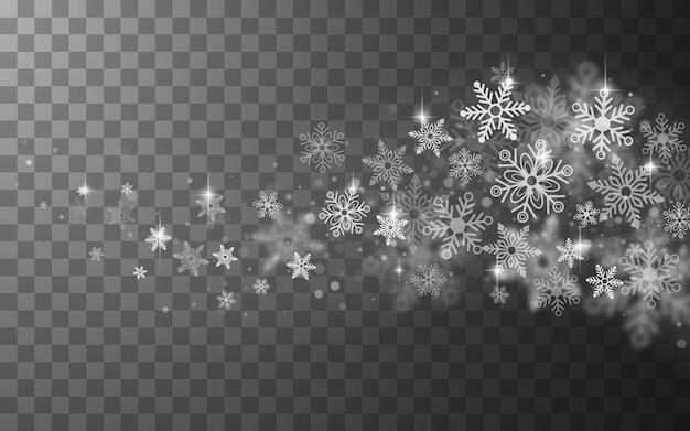 冬の雪に覆われた透明な抽象的な背景と空飛ぶ雪片。