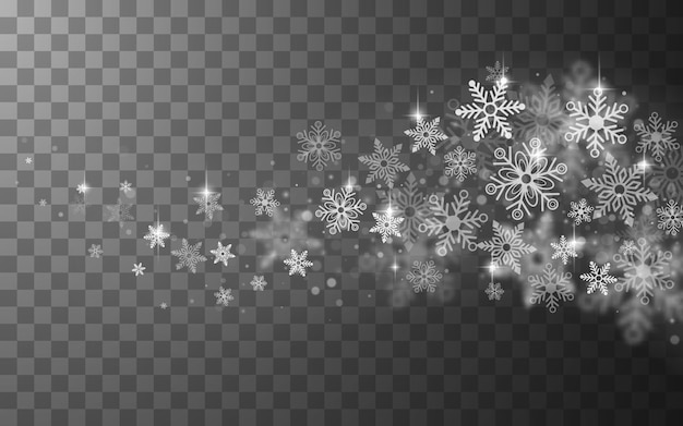 Vector winter snowy transparent abstract background with flying snowflakes.