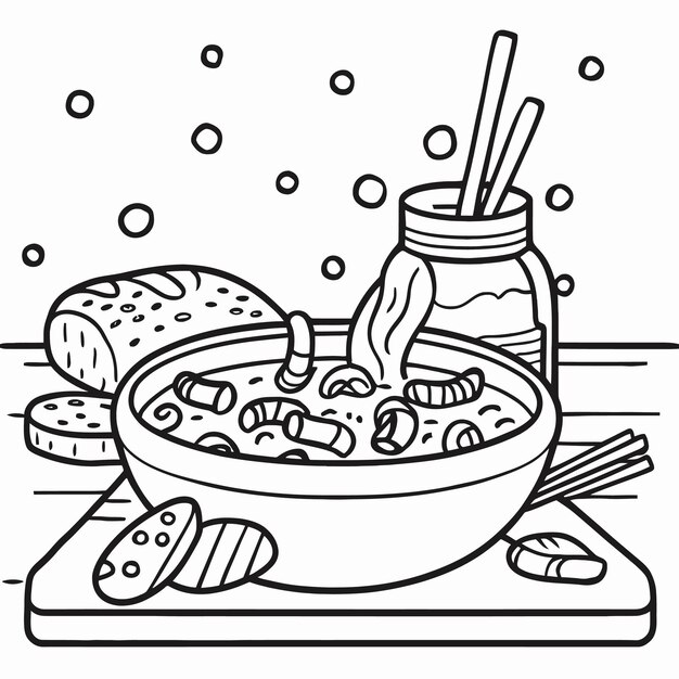 Vector winter soup scene featuring a hot bowl coloring page