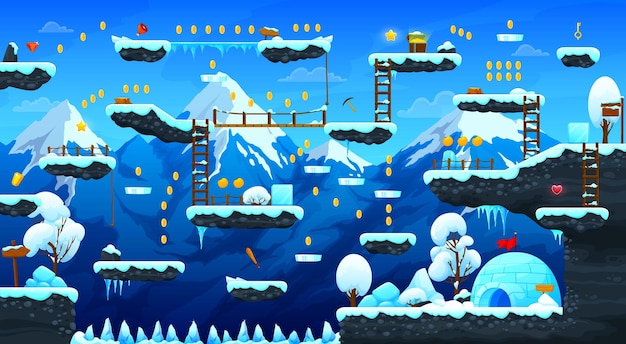 Winter spel niveau kaart ui ontwerp Vector alpine achtergrond met springplatforms besneeuwde bomen Iglo of ijskelder gebouwen houten ladders en wegwijzers bonusmunten en activa hangende ijspegels