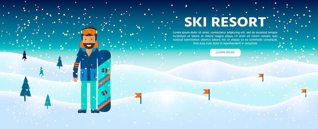Sfondo di sport invernali con carattere e sci, attrezzatura da snowboard in design piatto. elementi per l'immagine della stazione sciistica, attività di montagna, illustrazione vettoriale.