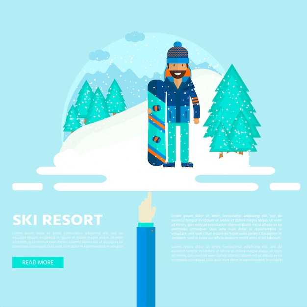 Winter sport background with character and skiing, snowboarding\
set equipment in flat style design. elements for ski resort\
picture, mountain activities, vector illustration.