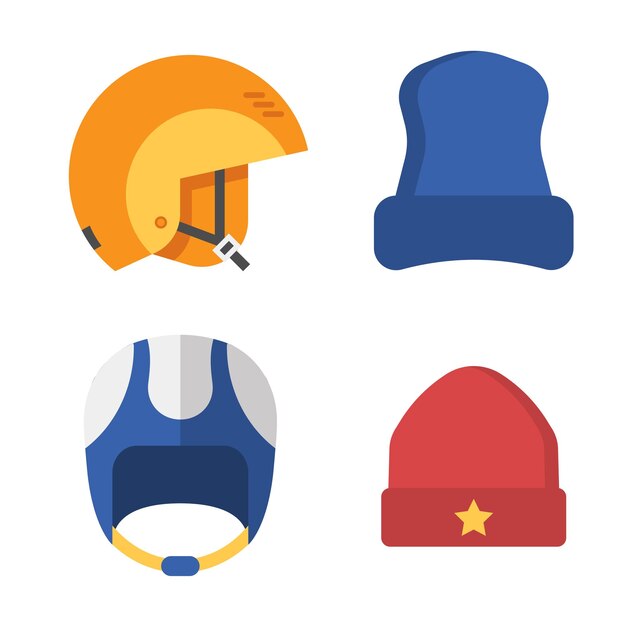 ウィンター スポーツ ヘッドウェア セット スキーとスノーボードのヘルメットとキャップ アウトライン デザインのスノーボーダー保護帽子白い背景で隔離の冬の帽子雪の活動の帽子