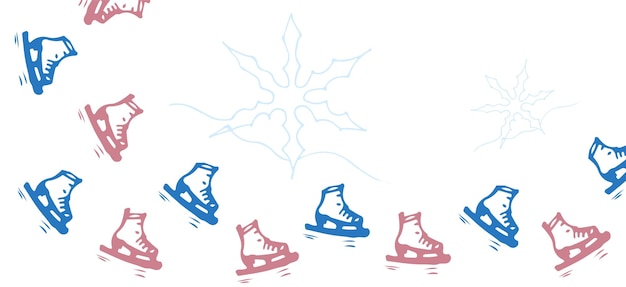 Winter sport horizontal banner Red and blue figure skates Vector illustration Doodle color style