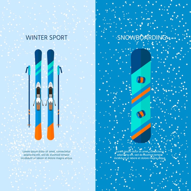 Collezione di icone di sport invernali. sci e snowboard set attrezzatura isolata su sfondo bianco in stile piatto. elementi per foto stazione sciistica, attività in montagna, illustrazione vettoriale.