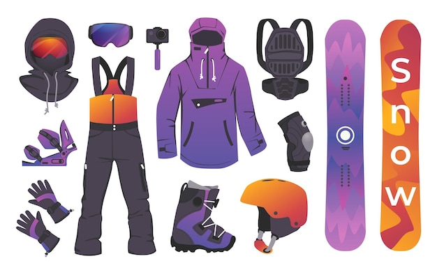 Winter sport kit ski equipment and clothes for athletic activity bindings boots protective helmet and goggle backpack and snowboard extreme mountain travel tools collection vector clothing set