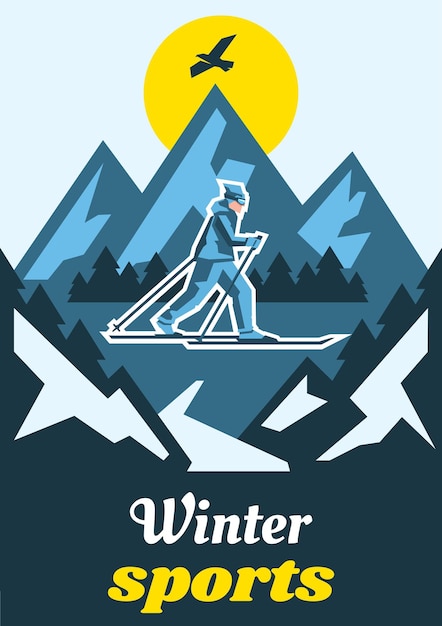 Winter sport mountains active vacation skier walking in the\
snow fresh air on the horizon winter nature view pine forest vector\
illustration flat style