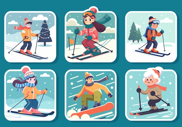 Winter sport skiing Colorful cartoon character skier Funny vector illustration Cute style poster with smiling man Picture card with ski activity isolated on blue background Vector illustration