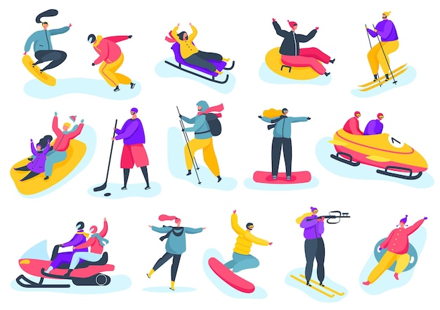 Winter sports activities, people having fun skiing and
snowboarding. professional skiers and snowboarders, winter season
activity vector set. playing hockey and doing extreme sport