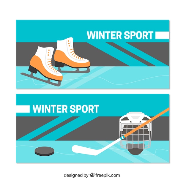 Winter sports concept banners with ice skates and hockey