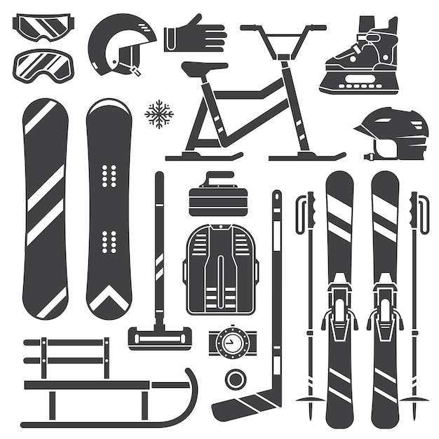 ベクトル ウィンタースポーツ用品とギアシルエットセット。スキー、スケート、スノーモービル、ホッケー、カーリング、スノーボード、そり。雪のゲームはベクトルアイコンを概説します。スノーボードとスキーのヘルメット、ゴーグル、手袋。