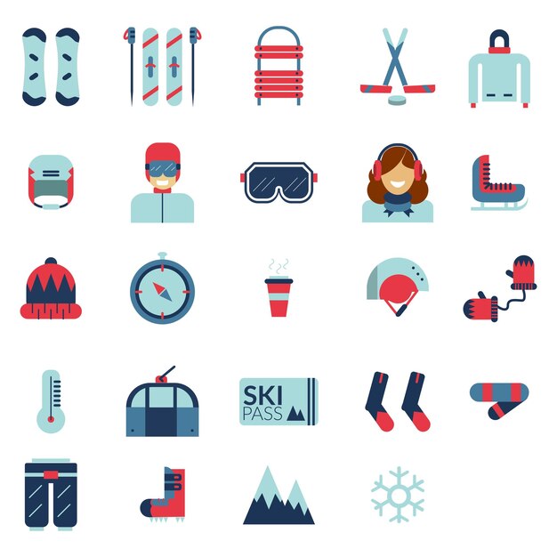 Vector winter sports and fun color flat icons set